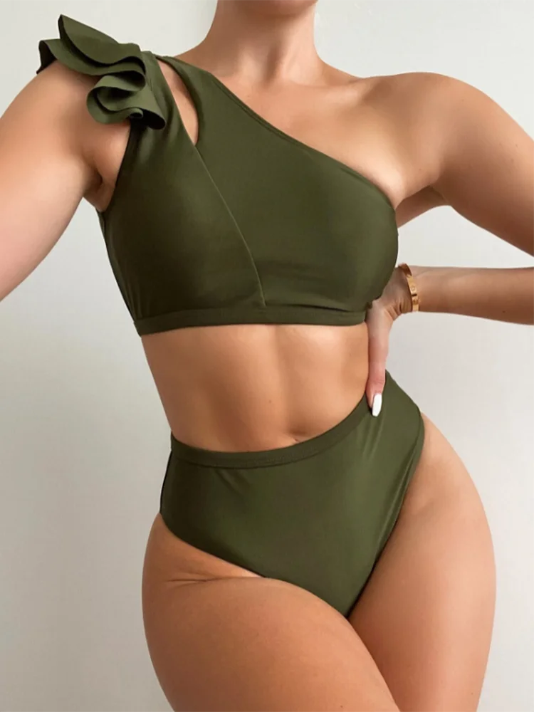 INGAGA Sexy Bikini One Shoulder Women's Swimsuit Ruffle Swimwear Women 2022 New Biquini Set Cut Out Bathing Suit Solid Beachwear