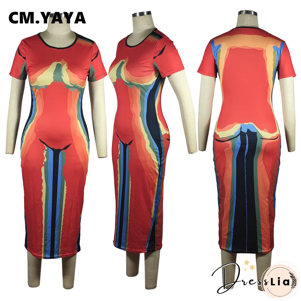 CM.YAYA Women 3D Printed Short Sleeve O-neck Bodycon Midi Maxi DressFor Summer Sexy Night Party Clubwear Long Dresses