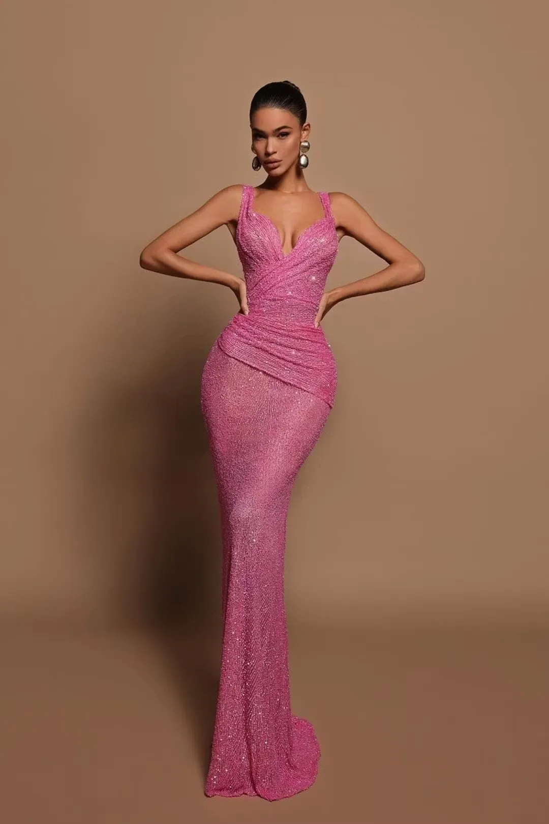 Lussooy Sexy Pink Spaghetti Strap Mermaid Prom Dress with Sequins