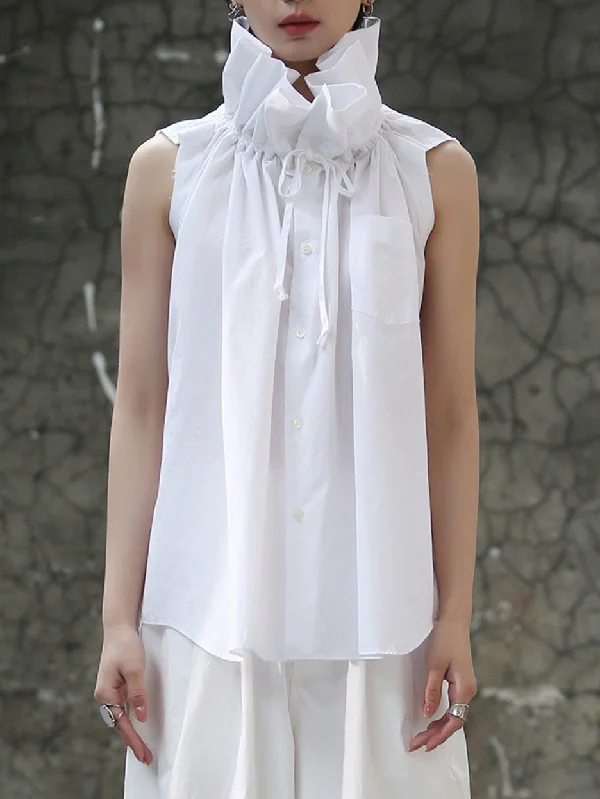 Sleeveless Pleated Solid Color Statement Collar Blouses&Shirts Tops