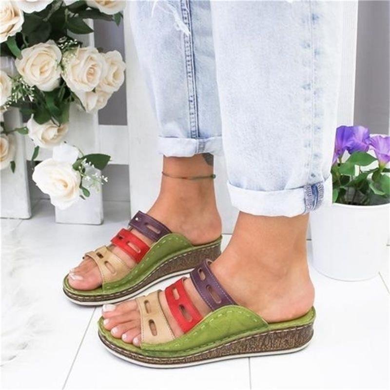 Women's Beach Slippers 2020 Summer Women Lady Retro Stitching Colorcasual Low  Beach Open Peep Toe Sandals 3 Colors Shoes Slides