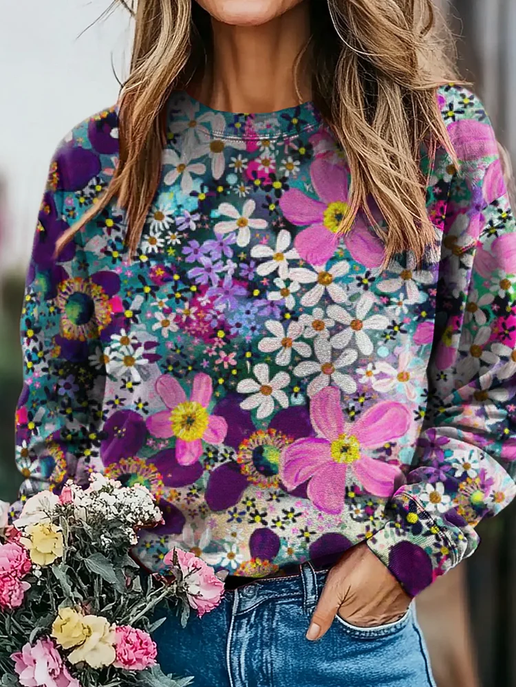 Women's Watercolor Flower Print Casual Crew Neck Sweatshirt