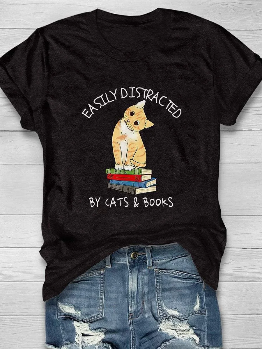 Easily Distracted By Cats And Books Read Print Short Sleeve T-shirt