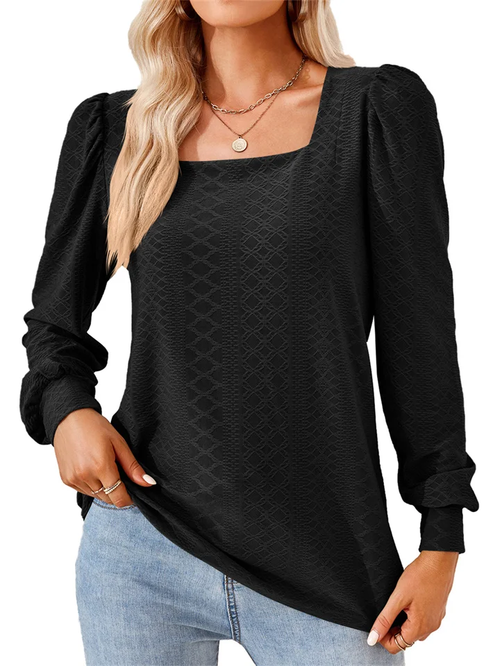 Urban Temperament Commuter Loose Solid Color Square Neck Pullover Jacquard Long-sleeved Bubble Sleeve Loose T-shirt Tops Female