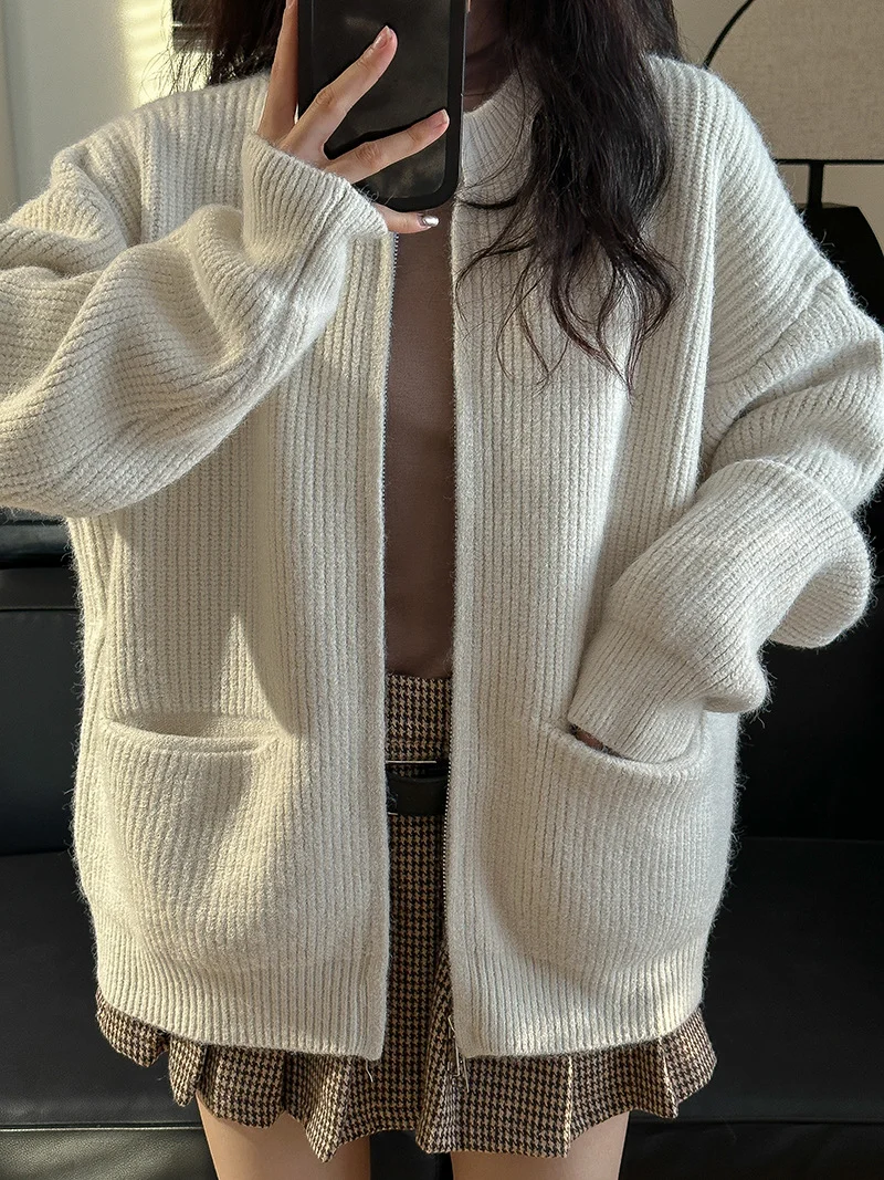 Churchf Color Lazy Wind Double-Headed Zipper Soft Waxy Sweater Autumn New Women's High-Level Versatile Knit Cardigan
