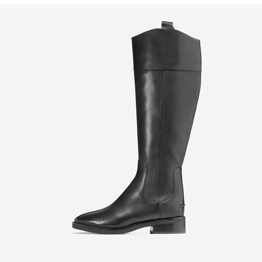 Black Vegan Leather Closed Toe Chunky Heel Knee High Boots Nicepairs
