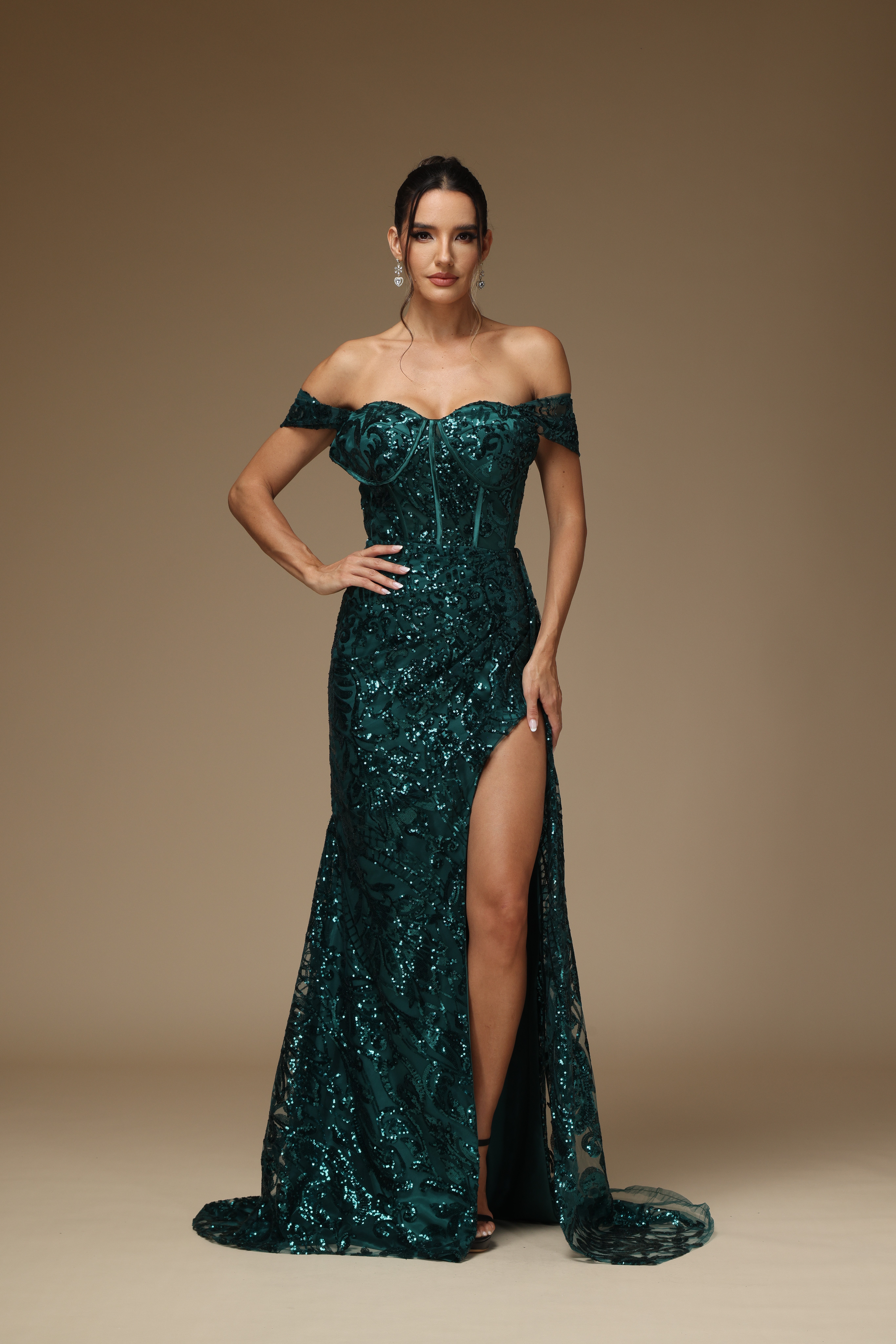 Ovlias Prom Dress Dark Green Off-the-shoulder Sequins Gown Long High Slit YX0007