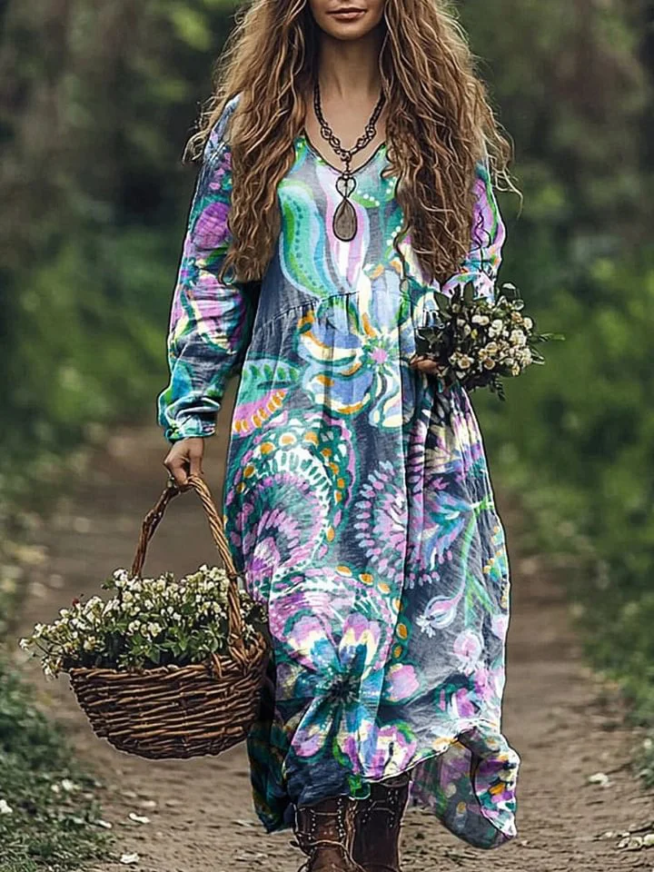 Women's Vintage Floral Art Print Pocket Cotton V Neck Long Sleeve Dress