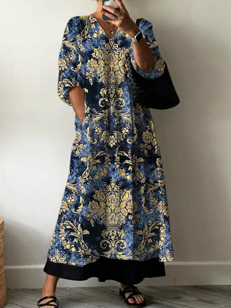 Women's Vintage Lovely Floral Art Print Pocket V-neck Cotton Dress