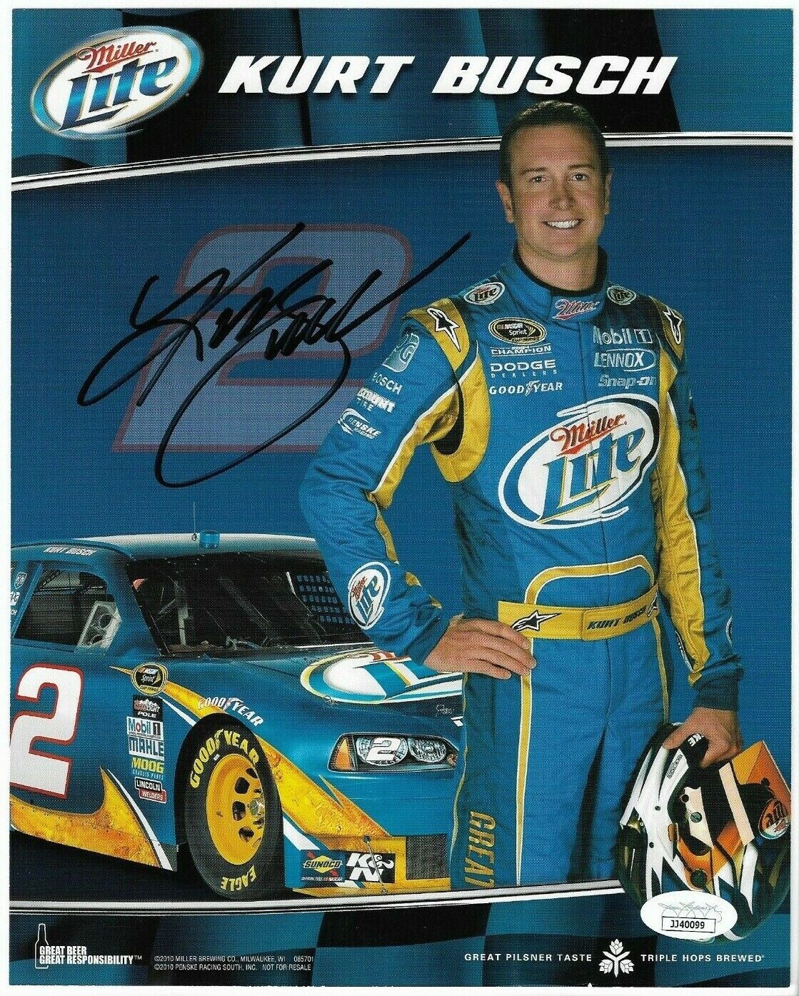 Miller Lite Beer Driver ~Kurt Busch~ Signed NASCAR 8.5x11 2 Sided Photo Poster painting Card JSA