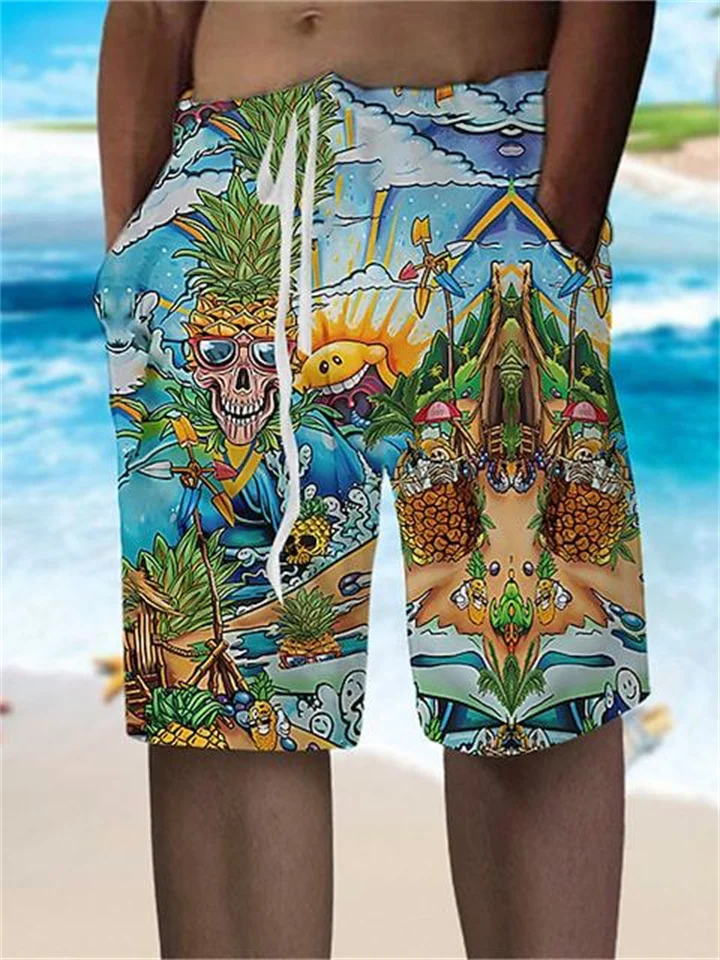 Pineapple Print Shorts Orange Yellow Men's Summer Casual Pants-Cosfine