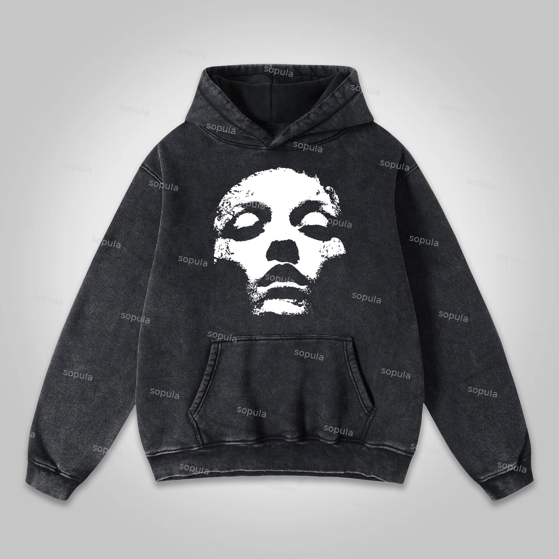 Vintage Portrait Graphic Print Washed Pocket Hoodie - SOPULA