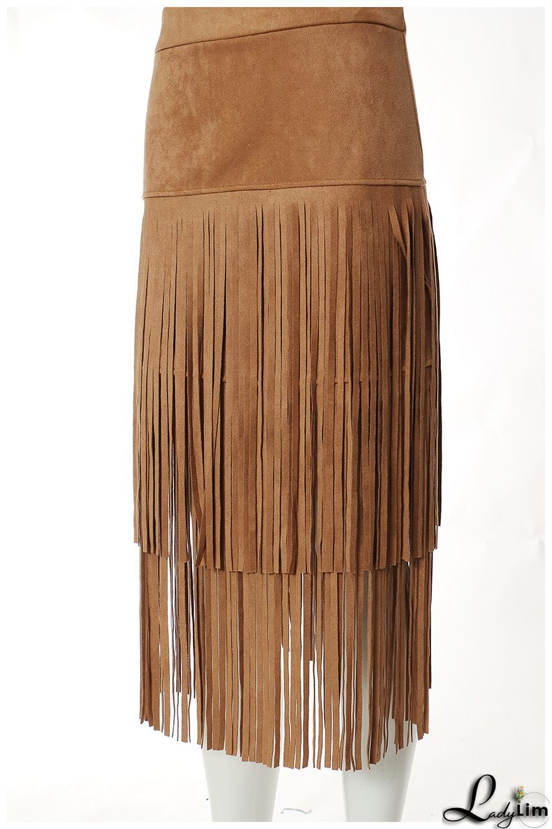 Vintage Solid Color Fringe Midi Suede Skirt