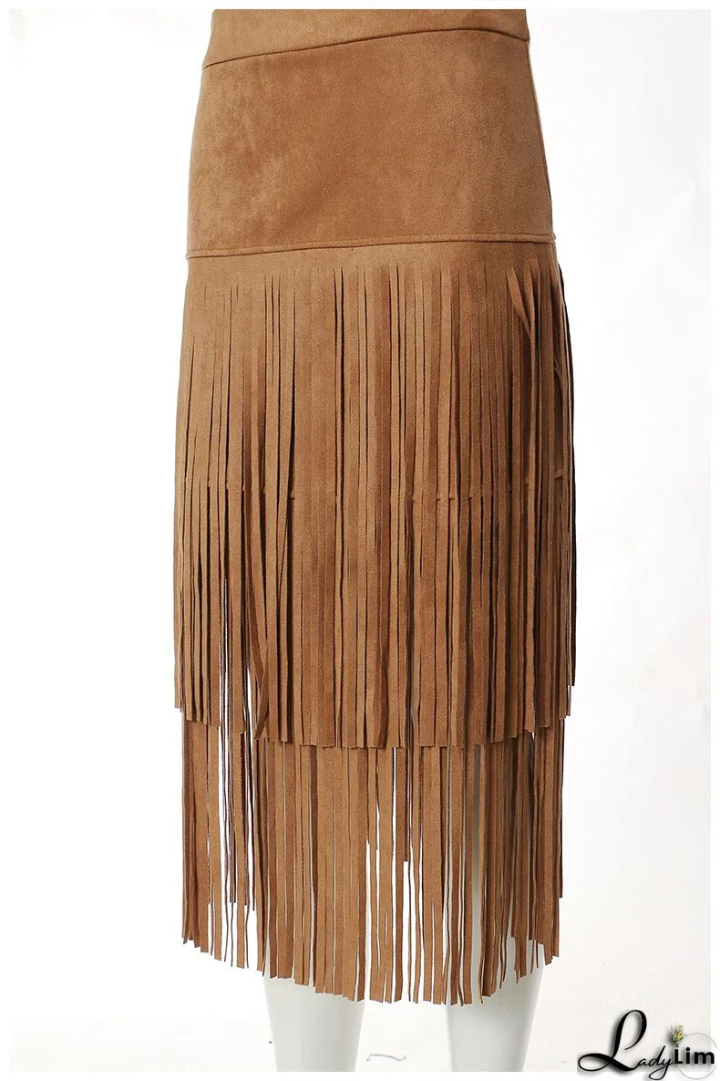 Vintage Solid Color Fringe Midi Suede Skirt