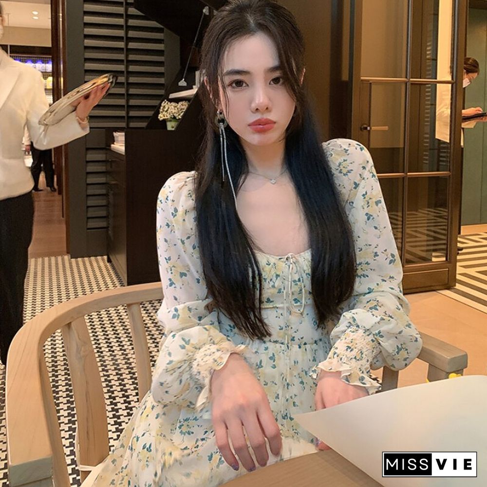 Korean Floral Dress Women Elegant Square Collar Woman Dresses Fashion Long Sleeve Ruffles Dresses Ladies Bangage Boho Vestidos