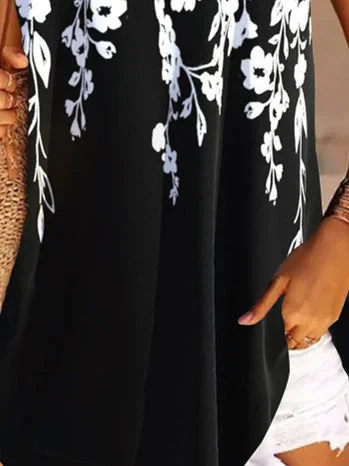 Women's Balck and White Scoop Neck Sleeveless Floral Printed Tops