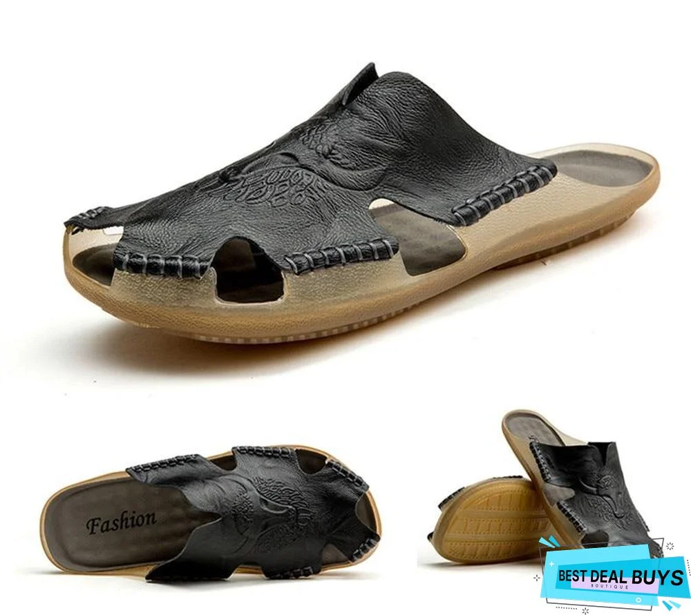 Men's Genuine Leather Non-Slip Sandal Shoes Breathable Beach Flip Flops Shoes
