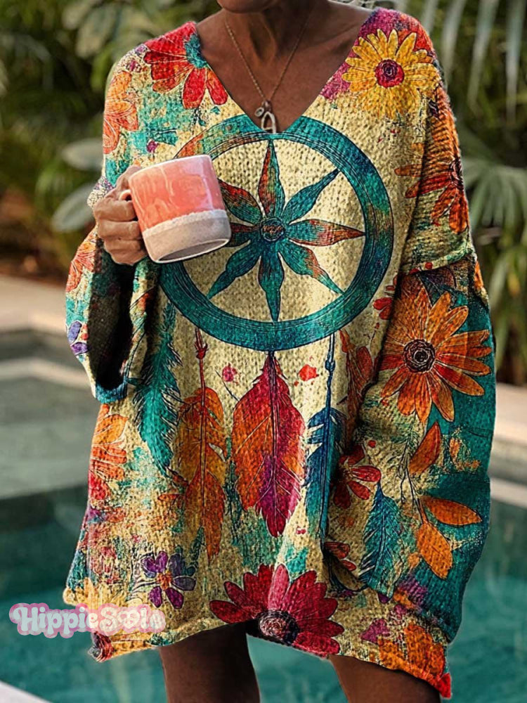 Women’s Retro Hippie Ethnic Flowers Dreamcatcher Pattern Love And Peace Casual Pullover Sweater