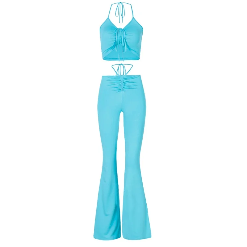 Sexy Bandage Blue Co-ord Suits Y2K Streetwear 2000s Fashion Drawstring Halter Top and High Waist Flare Pants 2 Piece Set