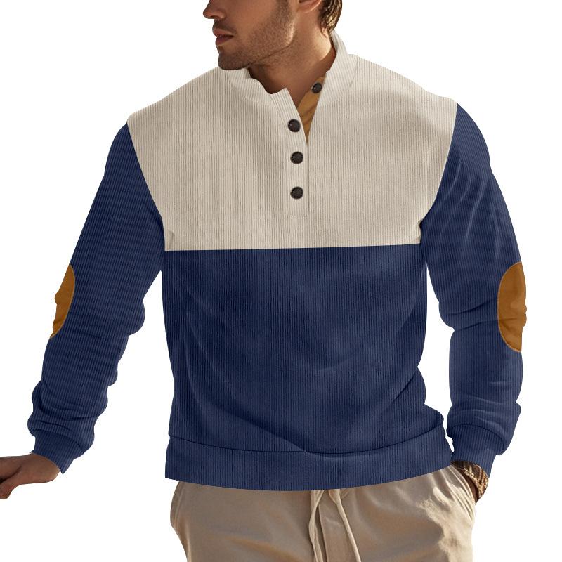 Men's Fashion Colorblock Corduroy Stand Collar Long Sleeve Sweatshirt 99424391Z