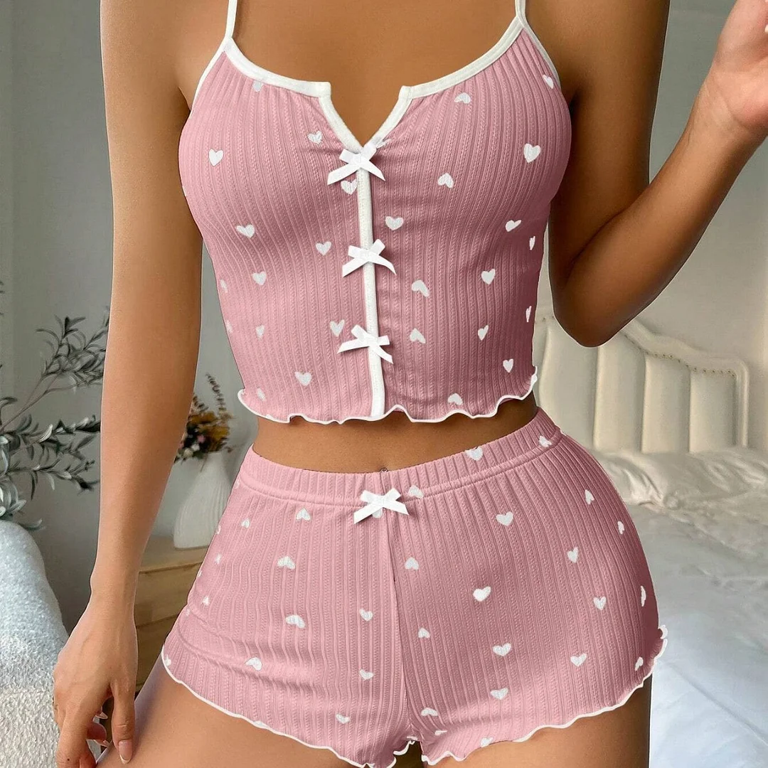 Uveng 2025 New Heart-Shaped Print Bump Color Home Clothes Front Laming Fork With Pajamas Set