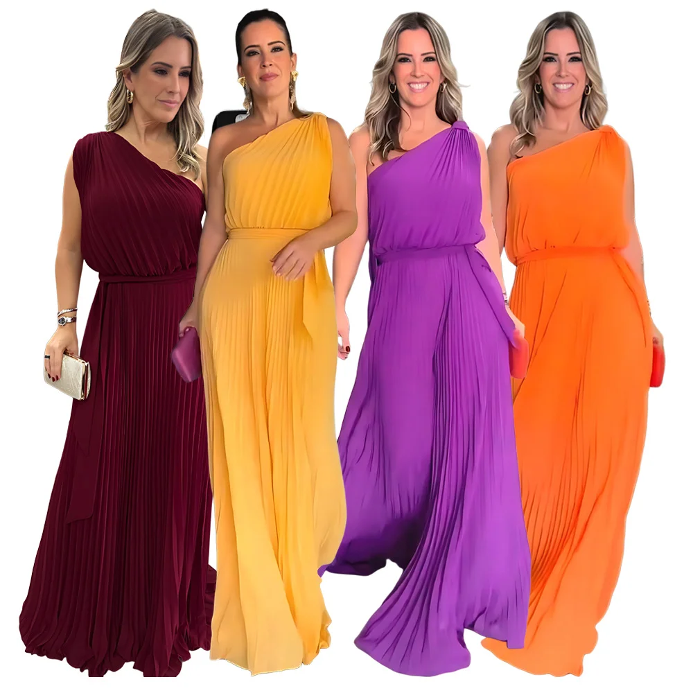 One-shoulder Party Chiffon Pleated Waist-skimming Dress | IFYHOME