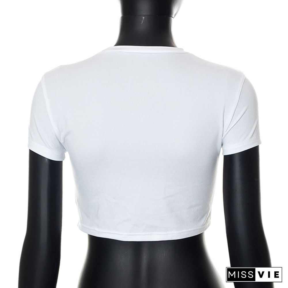 Round Collar Print Crop Top T-Shirt