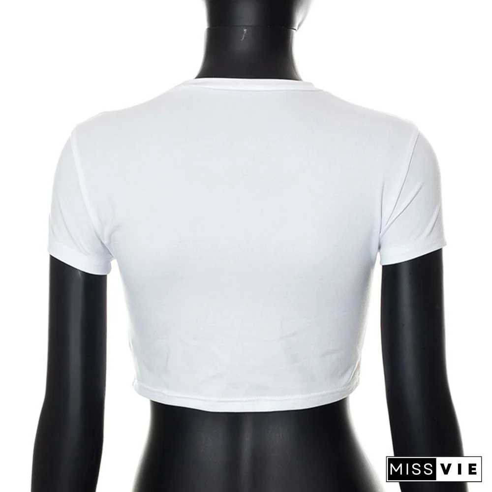 Round Collar Print Crop Top T-Shirt