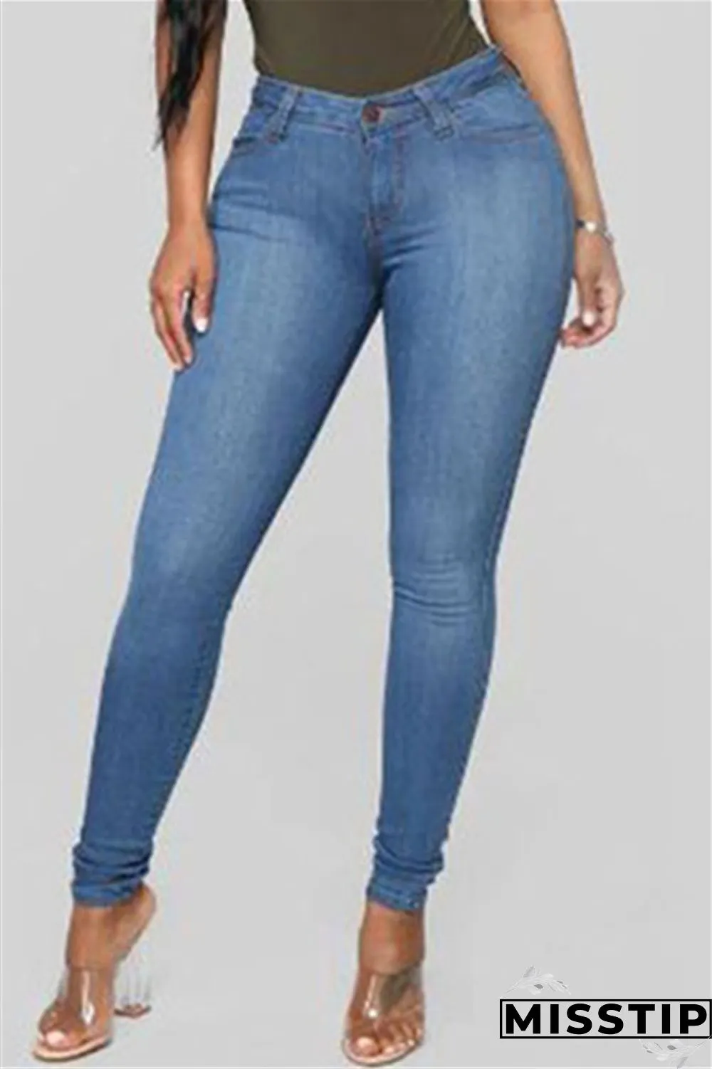 Deep Blue Fashion Casual Solid Basic High Waist Skinny Denim Jeans