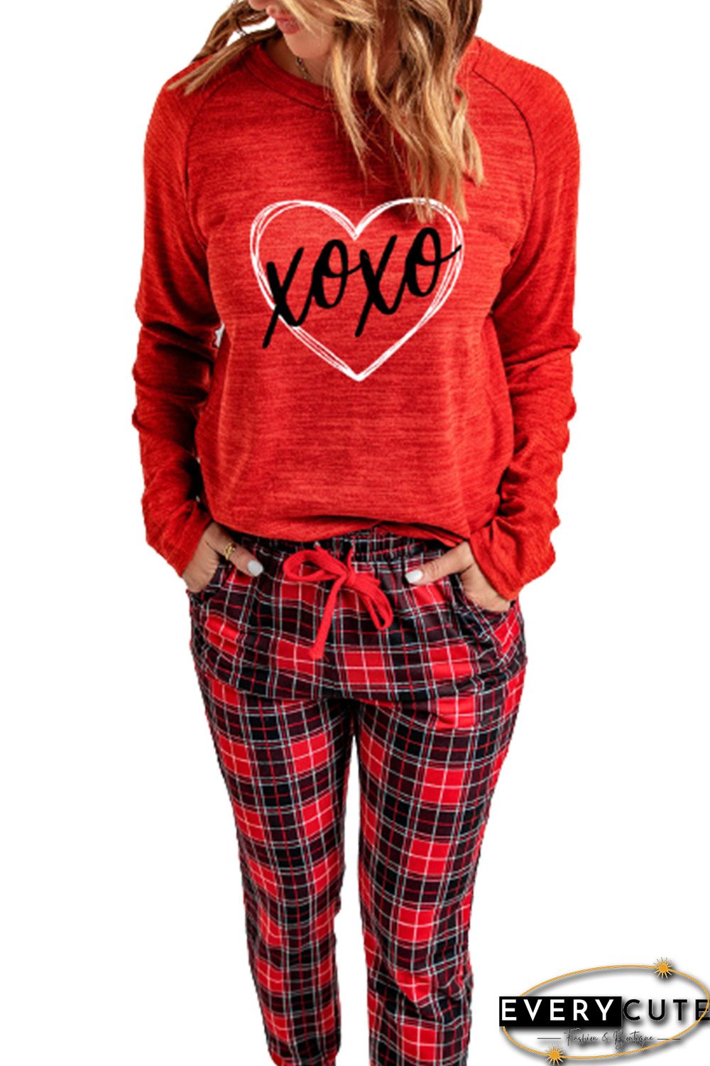 Red XOXO Heart Shaped Print Top and Plaid Pants Lounge Wear