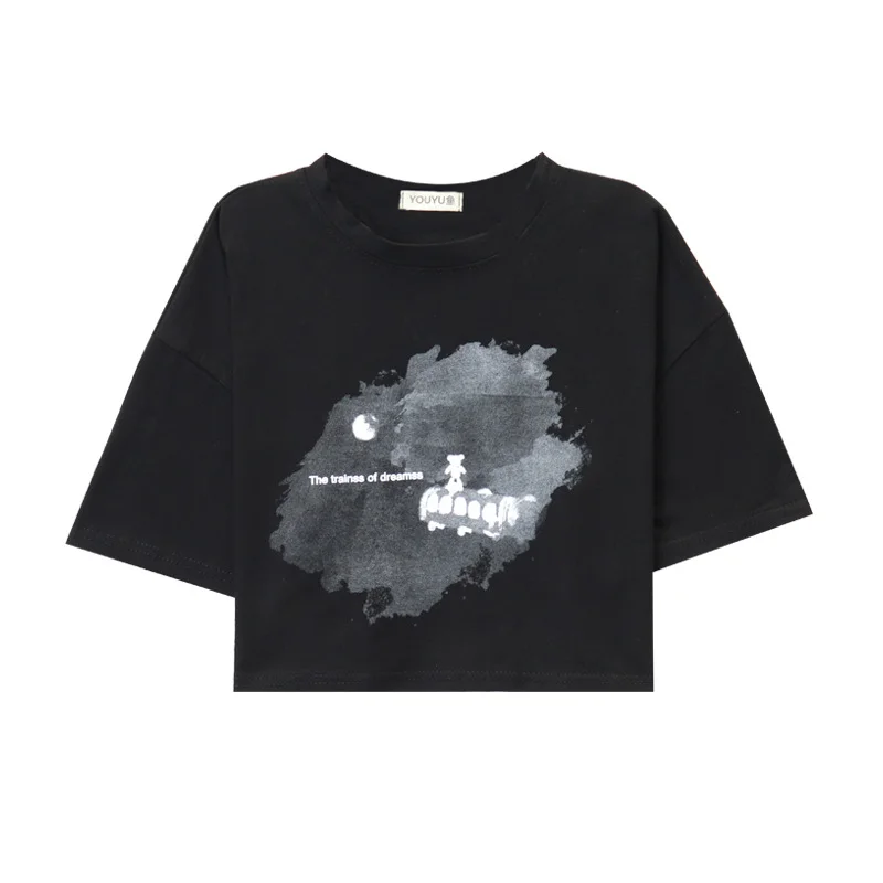 Brownm Brownm Girl Wind Student Top 2024 Summer New Fashion Chic Short Crop Short Sleeve Black Bottom T-Shirt Women