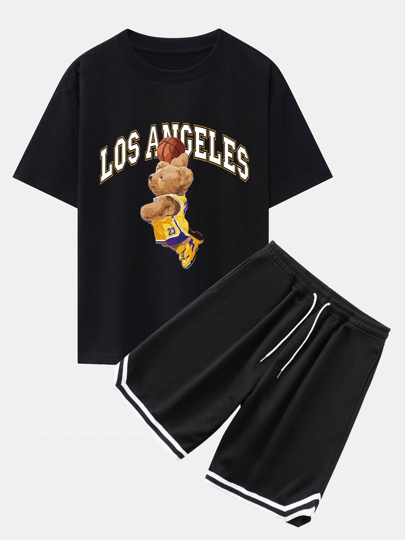 Los Angeles Basketball Bear Print Oversize T-Shirt & Mesh Basketball Shorts