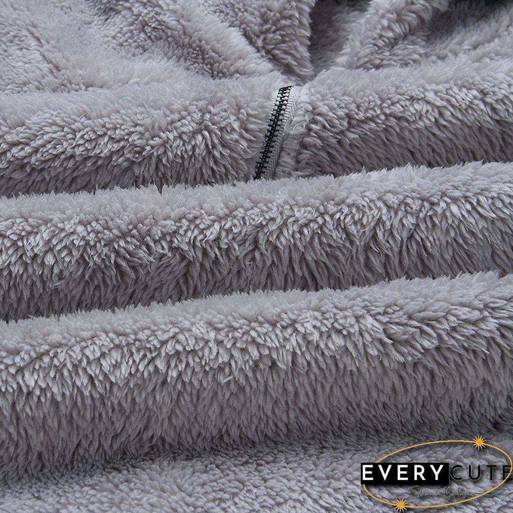 Light Gray 1/4 Zipper Furry Hoodie with Pockets