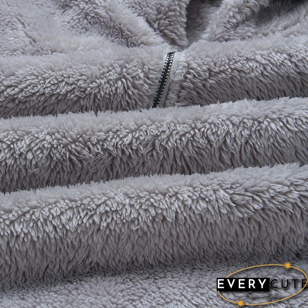 Light Gray 1/4 Zipper Furry Hoodie with Pockets