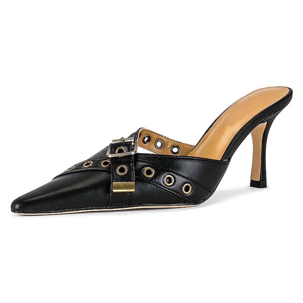 Black Vegan Leather Pointed Toe Kitten Heel Studded Mules with Buckle Nicepairs