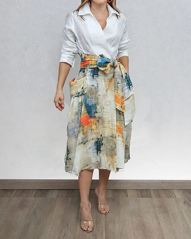 Two-piece Set with Lapel Long-sleeved Top and Tie-strap Printed Skirt