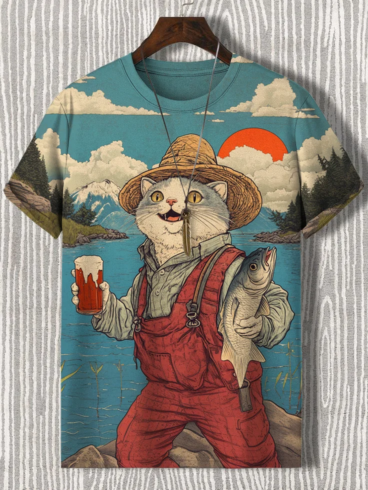 Men's Fisherman Cat Caught Fish Japanese Art Print Casual T-Shirt