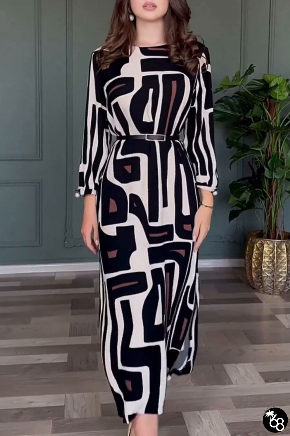 Vintage Geometric Print Slit With Belt O Neck One Step Skirt Dresses | 168DEAL