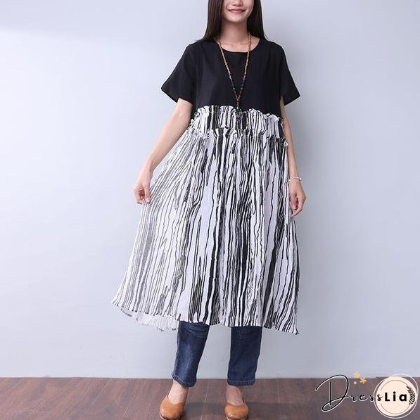 Summer Printing Women Folded Splicing White Dress