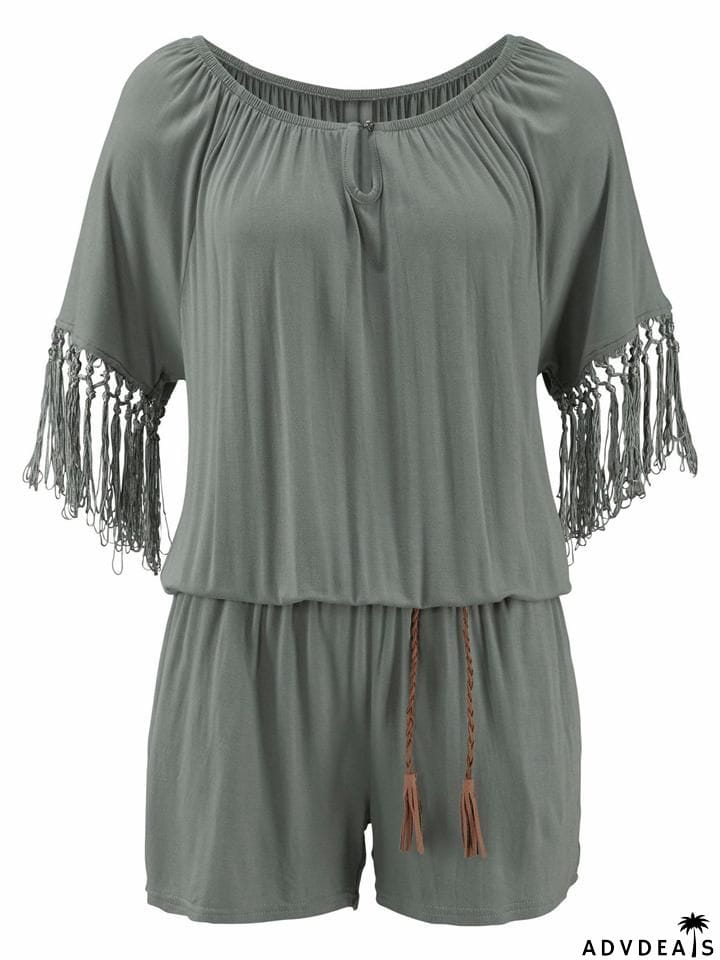 Stylish Off Shoulder Tassel Half Sleeve Pocket Rompers