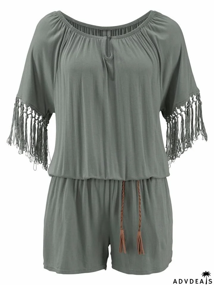 Stylish Off Shoulder Tassel Half Sleeve Pocket Rompers