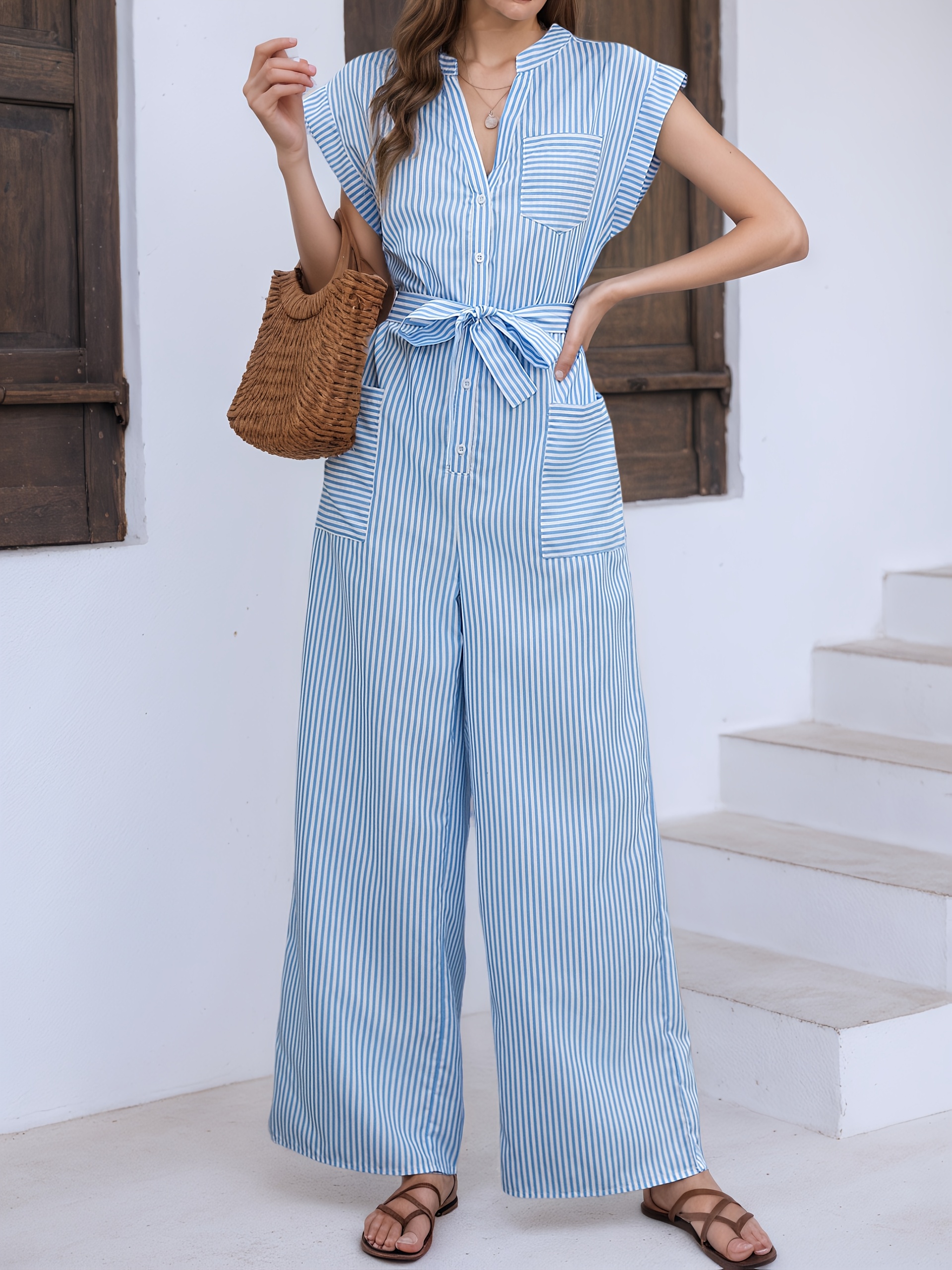 Women's Sleeveless Striped Jumpsuit - Wide Leg, Button-Up, Vintage-Inspired, Asymmetrical Hem, Perfect For Beach & Casual Summer Outfits, Casual Summer Attire | Vintageinspired Design | Wide Leg Jumpsuit | IFYHOME