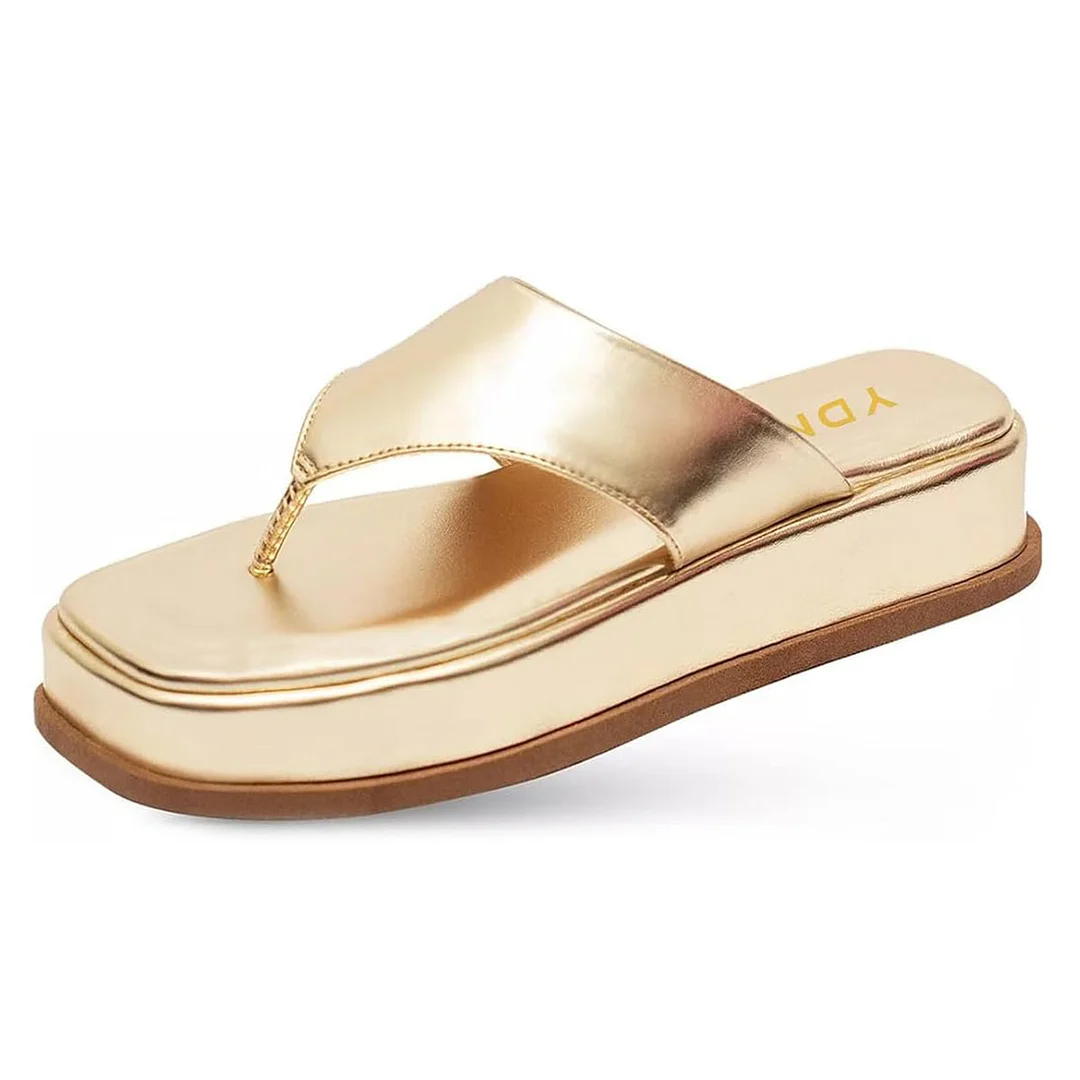YDN Gold Vegan Leather Flip Flops Open Toe Platform Sandals