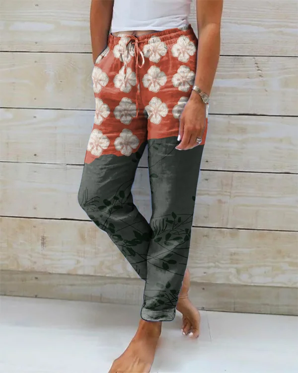Vintage Art Floral Print Loose Pants