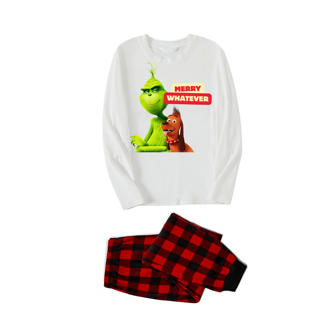 Christmas Cartoon Pattern and "Merry Whatever" Printed Red & Black Plaid Family Matching Pajamas