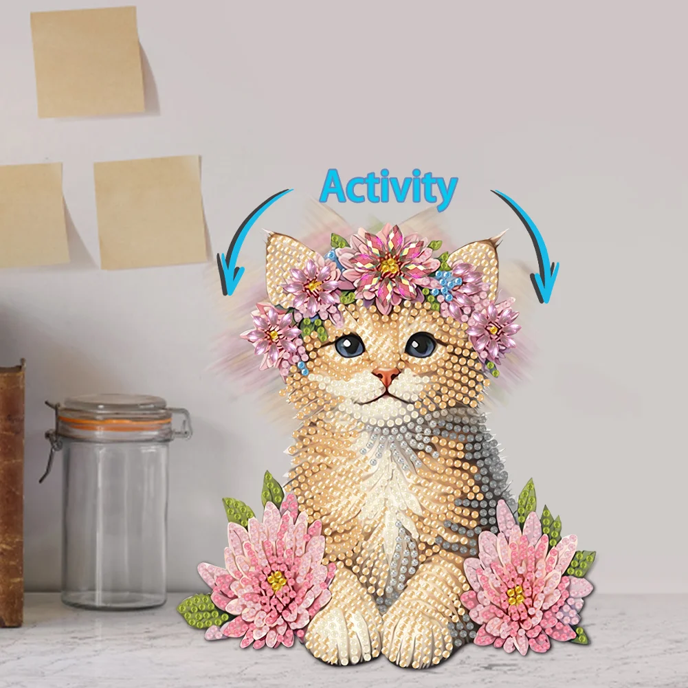 2D Flat Cat DIY Shaking Head Cat Pink Flower Diamond Painting Desktop Decoration