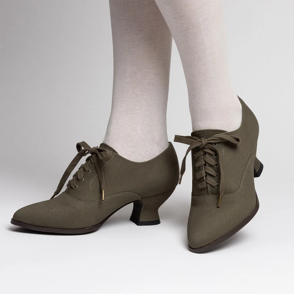 YDN Olive Canvas Tie-Up Spool Heel Almond Toe Oxford Shoes Women