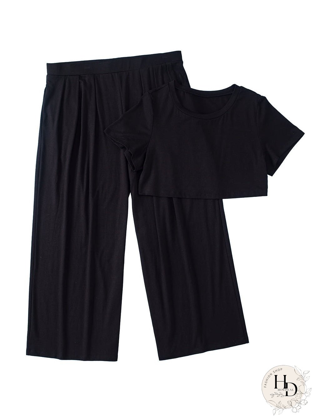 Black Plus Size Crop T-Shirt and Pleated Wide Leg Pants Set