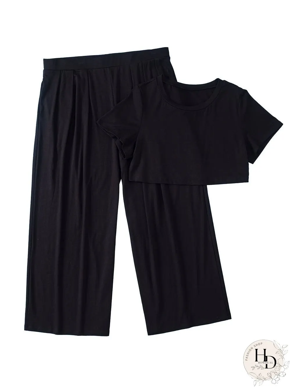 Black Plus Size Crop T-Shirt and Pleated Wide Leg Pants Set