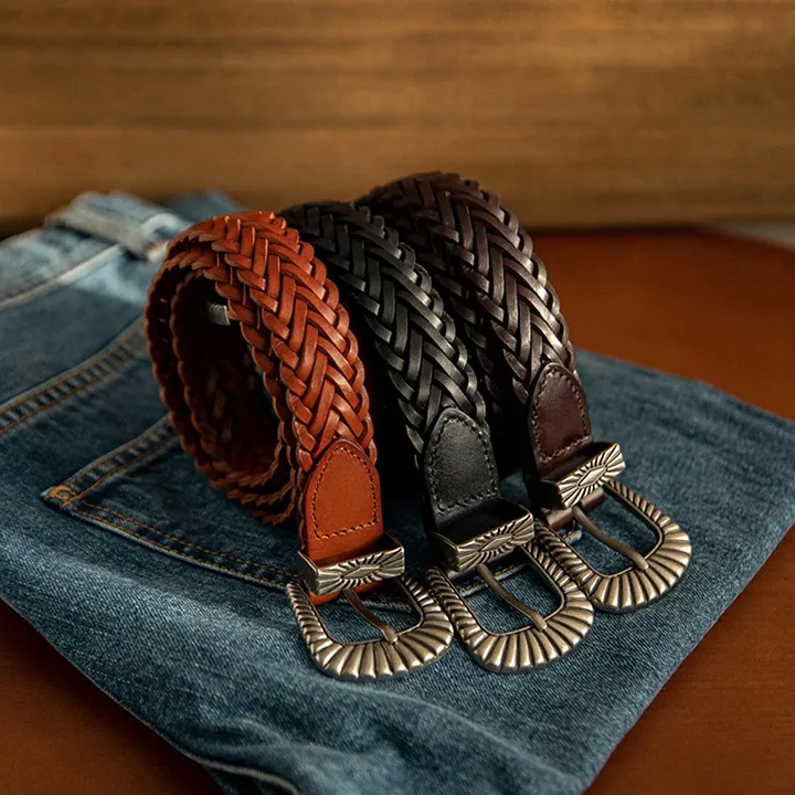 DANRRIO Unisex Fashion Vintage Braided Cowhide Leather Belt display picture 2